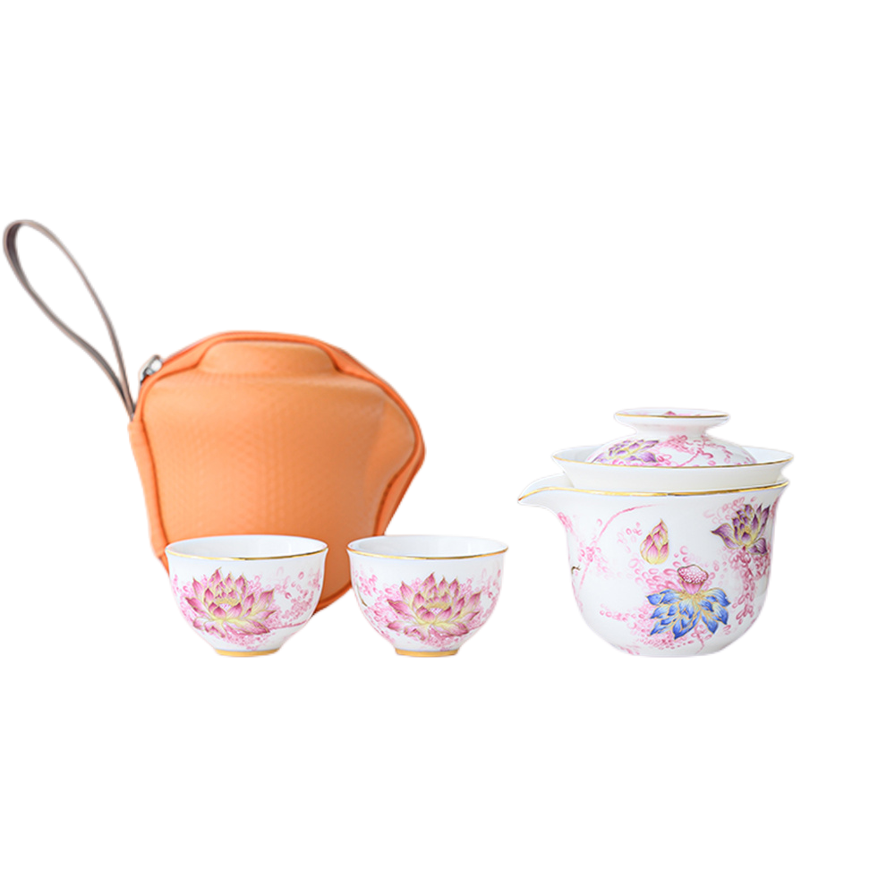 Hand Painted Golden Lotus Travel Tea Set
