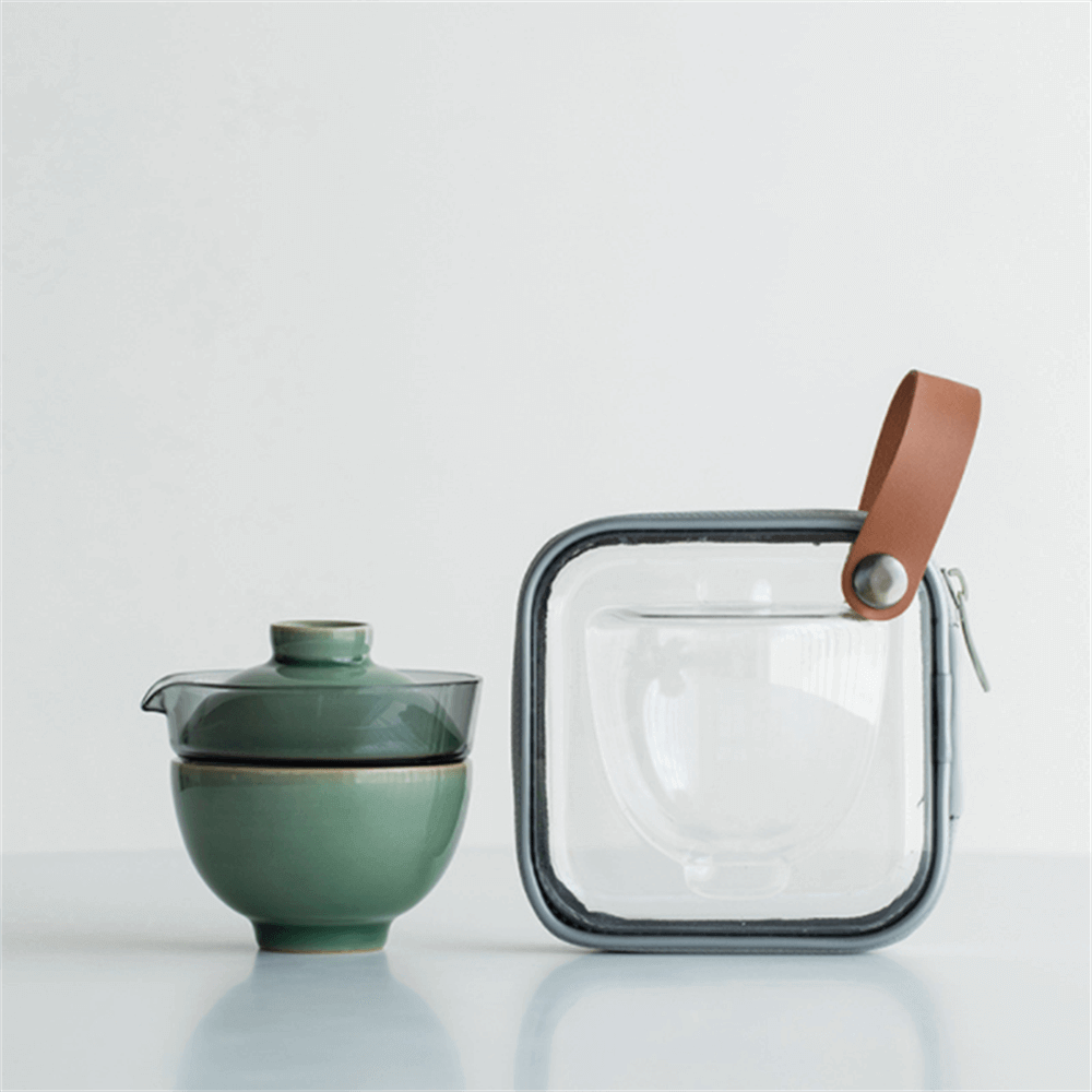 Portable Celadon Plum Glass Cover Bowl One Pot One Cup Travel Tea Set