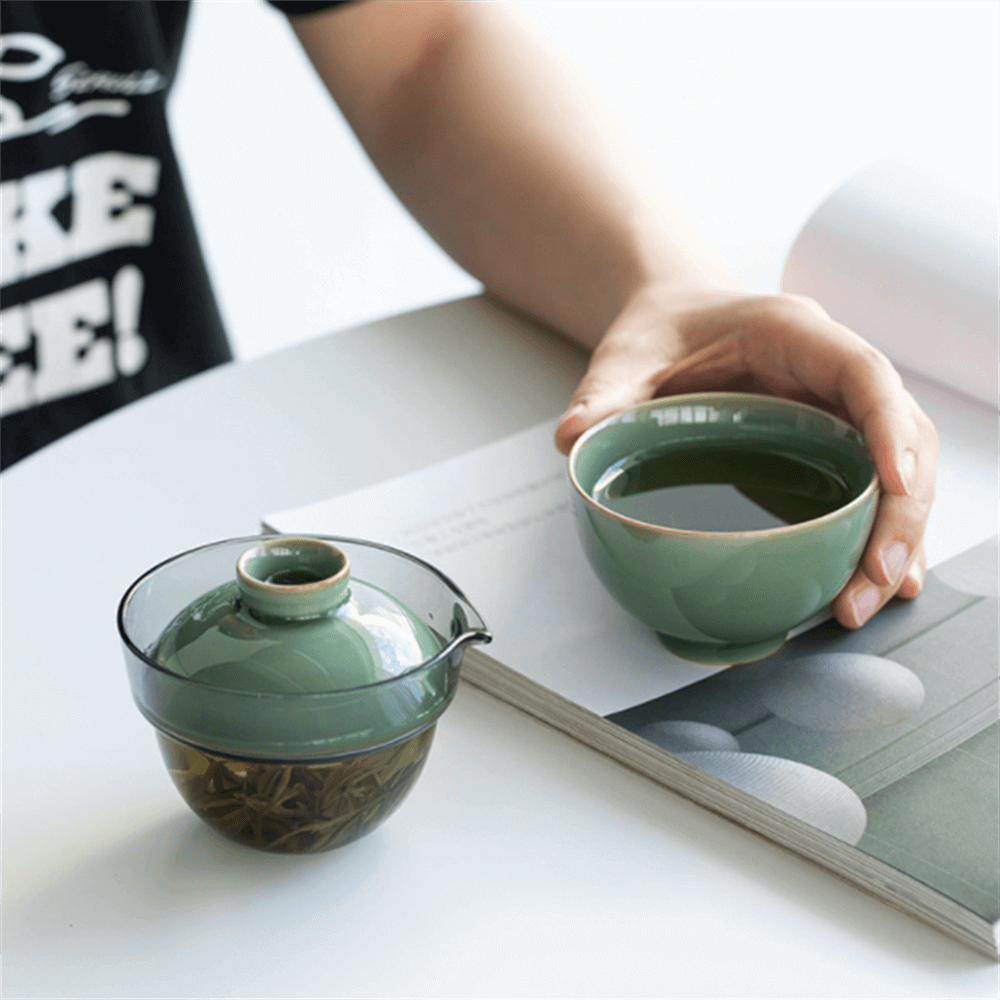 Portable Celadon Plum Glass Cover Bowl One Pot One Cup Travel Tea Set