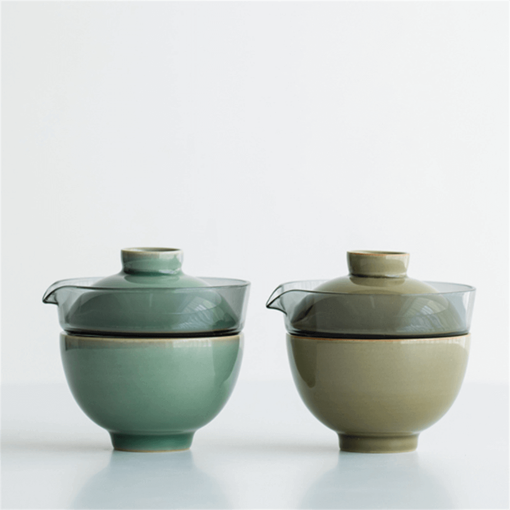 Portable Celadon Plum Glass Cover Bowl One Pot One Cup Travel Tea Set