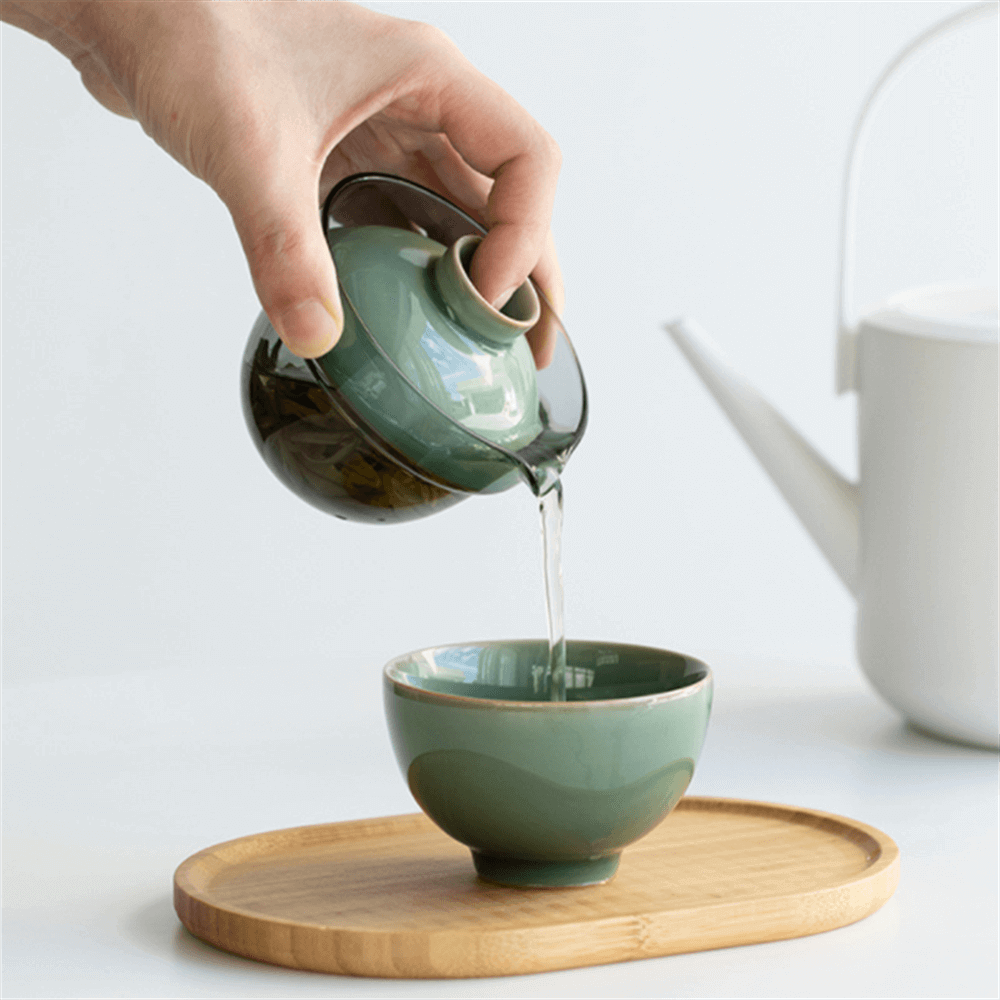 Portable Celadon Plum Glass Cover Bowl One Pot One Cup Travel Tea Set