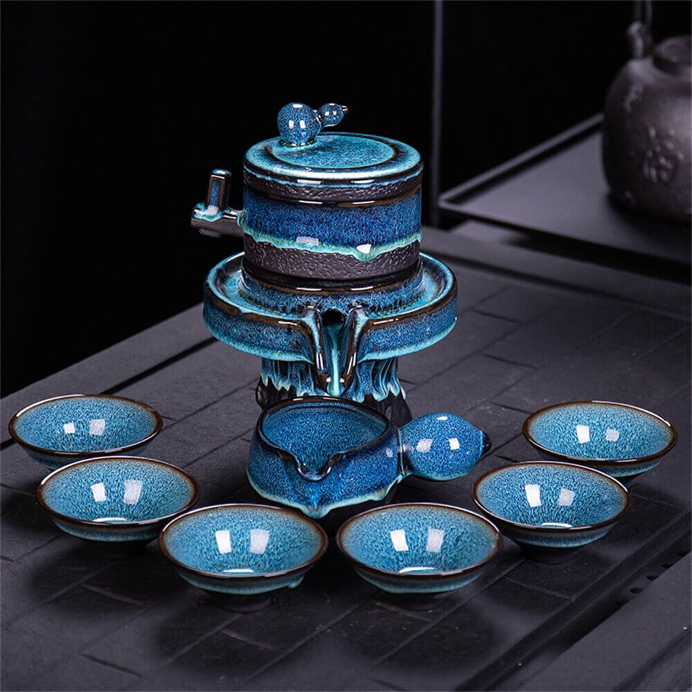 Kiln-turned Beacon Tower Blue Gourd Tea Set