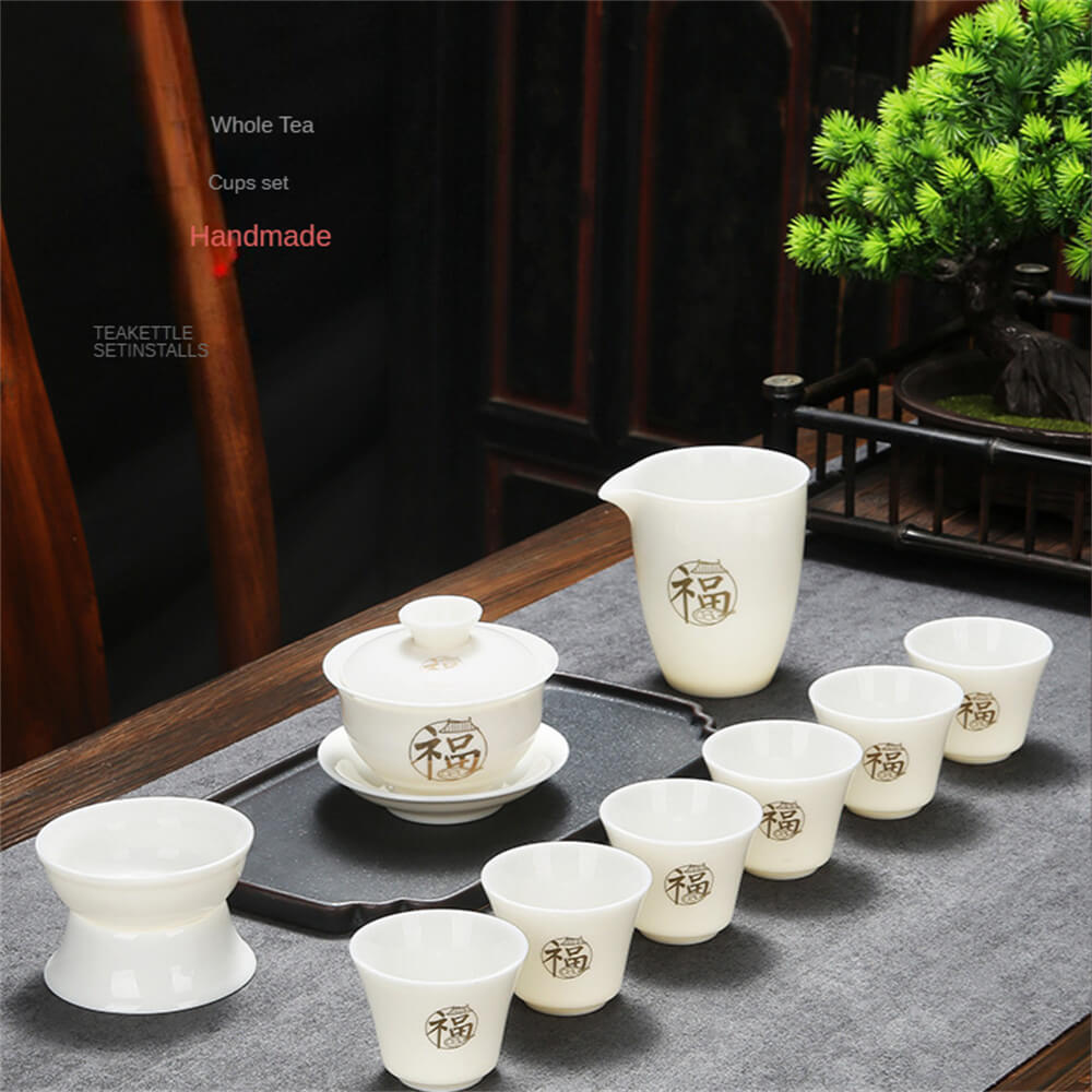 Fu Character Goatee Jade White Porcelain Kung Fu Tea Set
