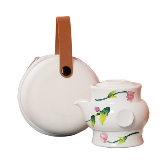 Hand Painted Green Leaves and Red Flowers Travel Tea Set