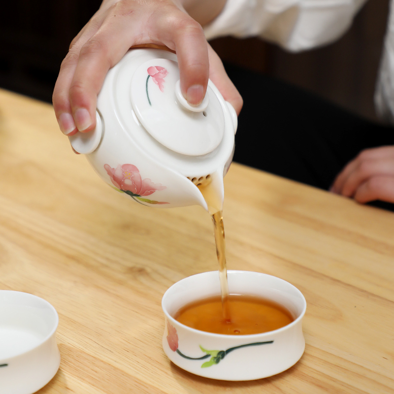Hand Painted Green Leaves and Red Flowers Travel Tea Set