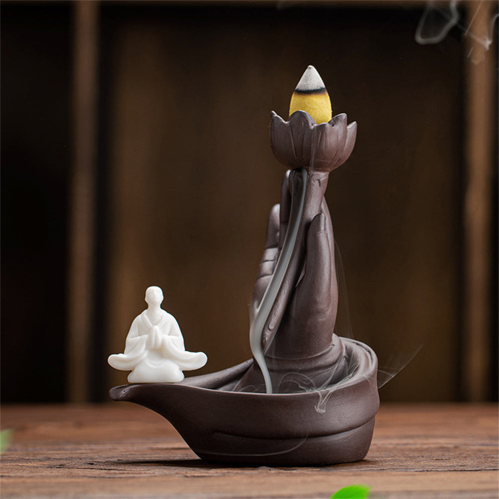 Buddha Hand Holding Lotus Zen Incense Burner Set