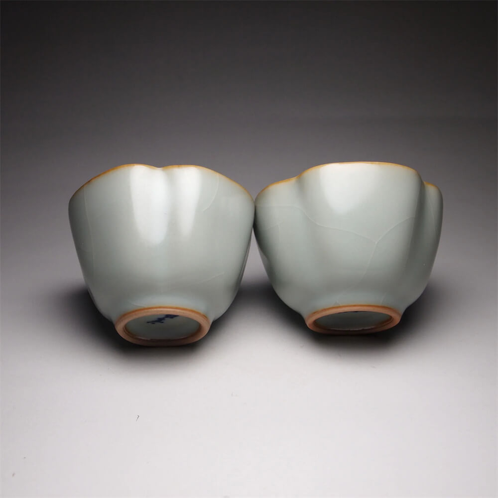 Pair of Matching 50ml Four Lobed Ruyao Teacups