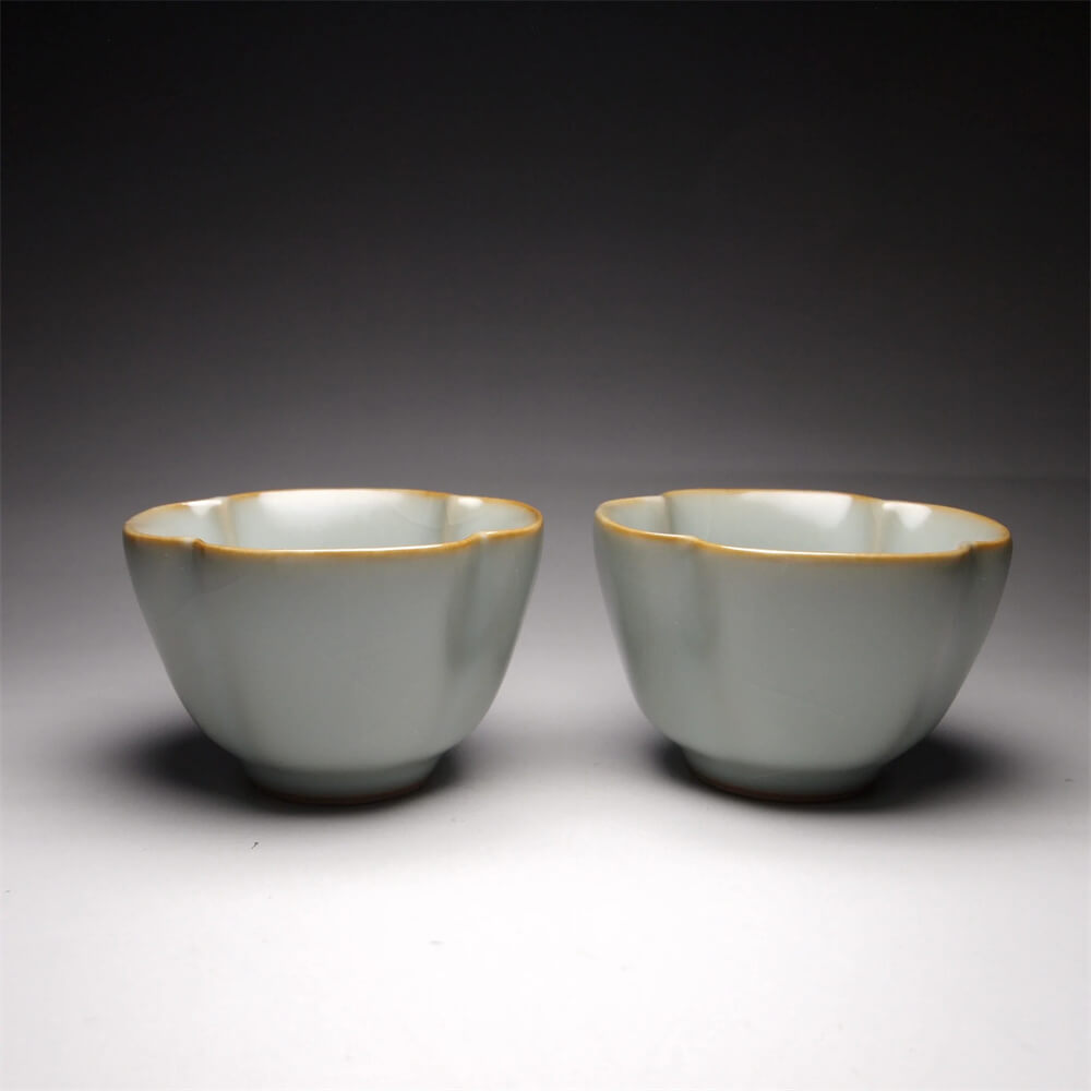 Pair of Matching 50ml Four Lobed Ruyao Teacups