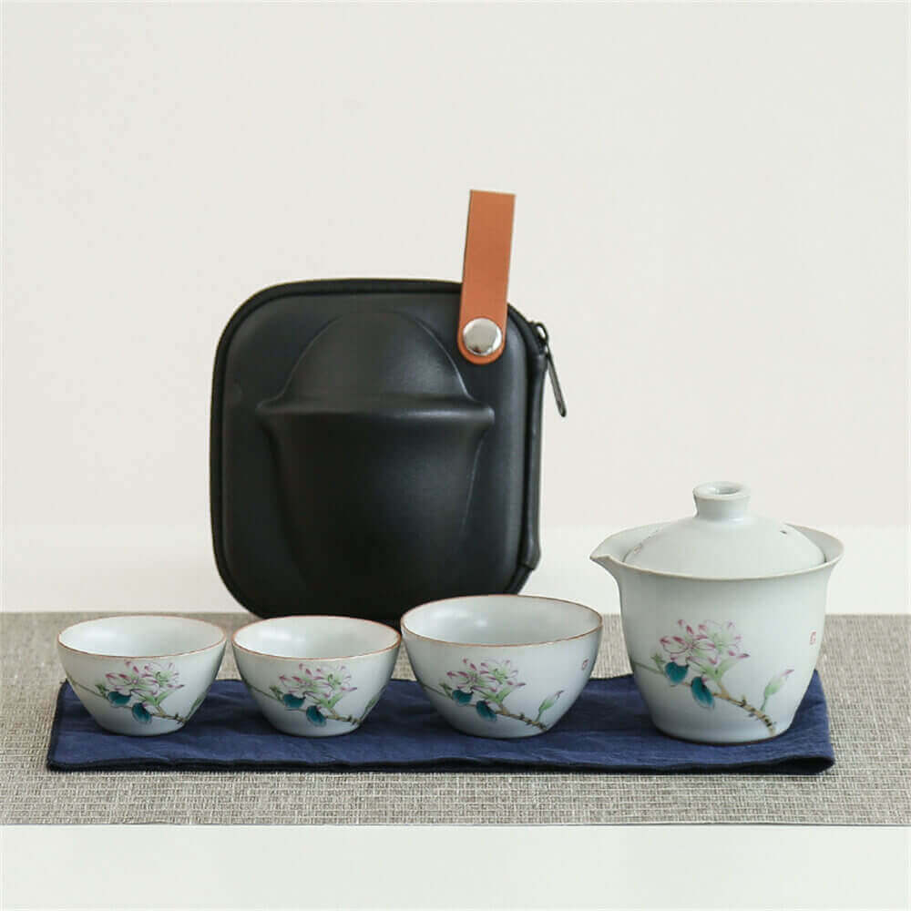 Ru kiln Painted One Pot of Three Cups Travel Tea Set