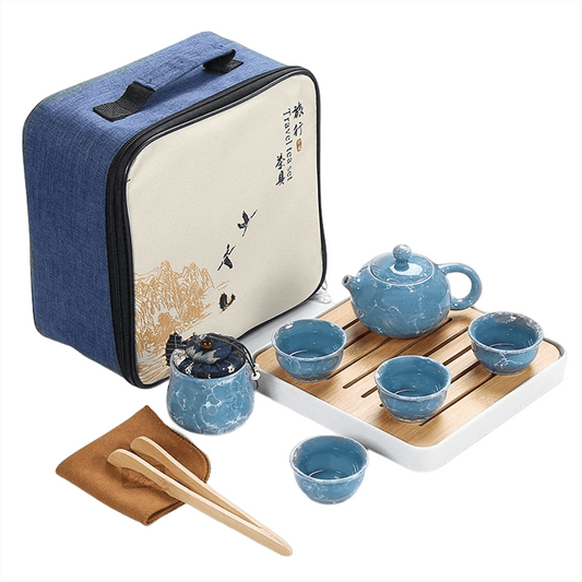 Marble Textured One Pot Of Four Cups Travel Tea Set