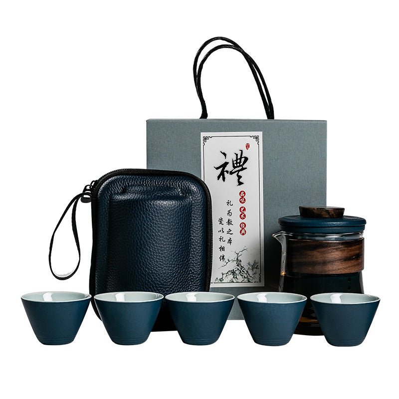 Simple Color Glass Ceramic Portable Outdoor One Pot and Six Cups Travel Tea Set