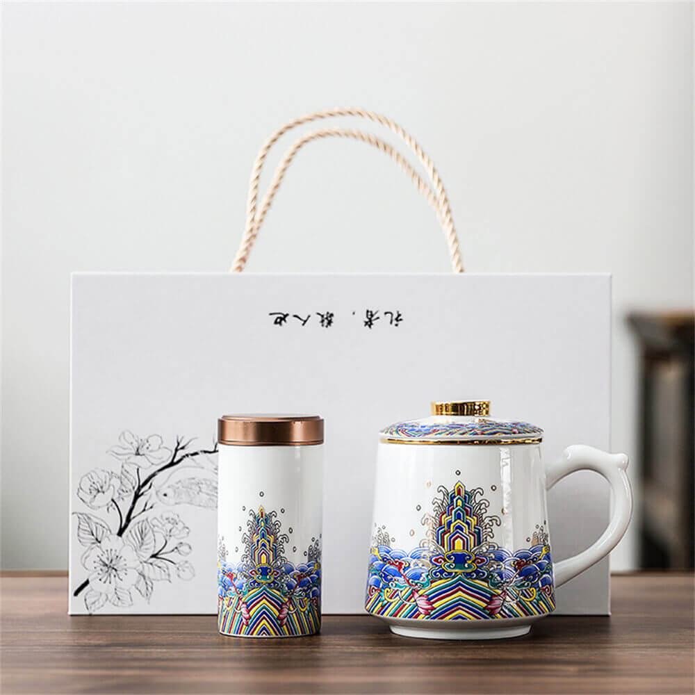 Ceramic personal water cup set thread drawing enamel ribbon cover filter tea separation office meeting Mug