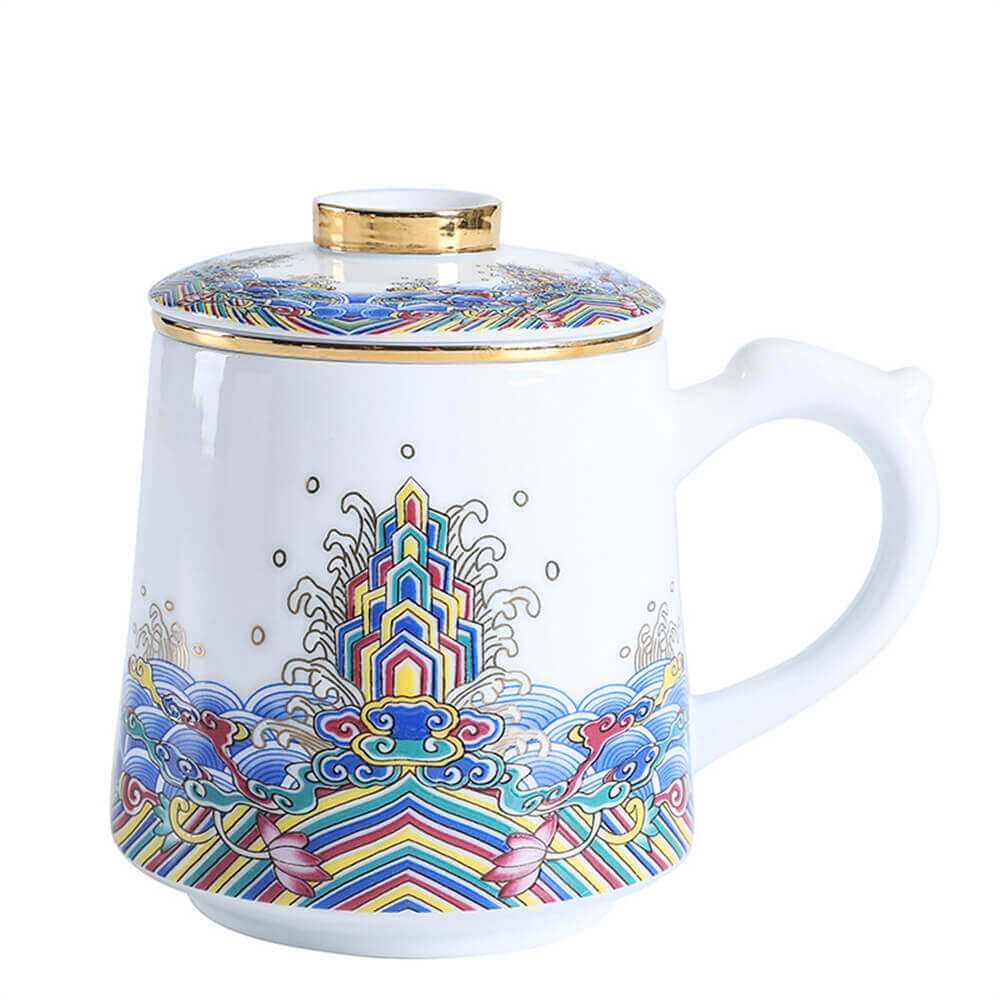 Ceramic personal water cup set thread drawing enamel ribbon cover filter tea separation office meeting Mug