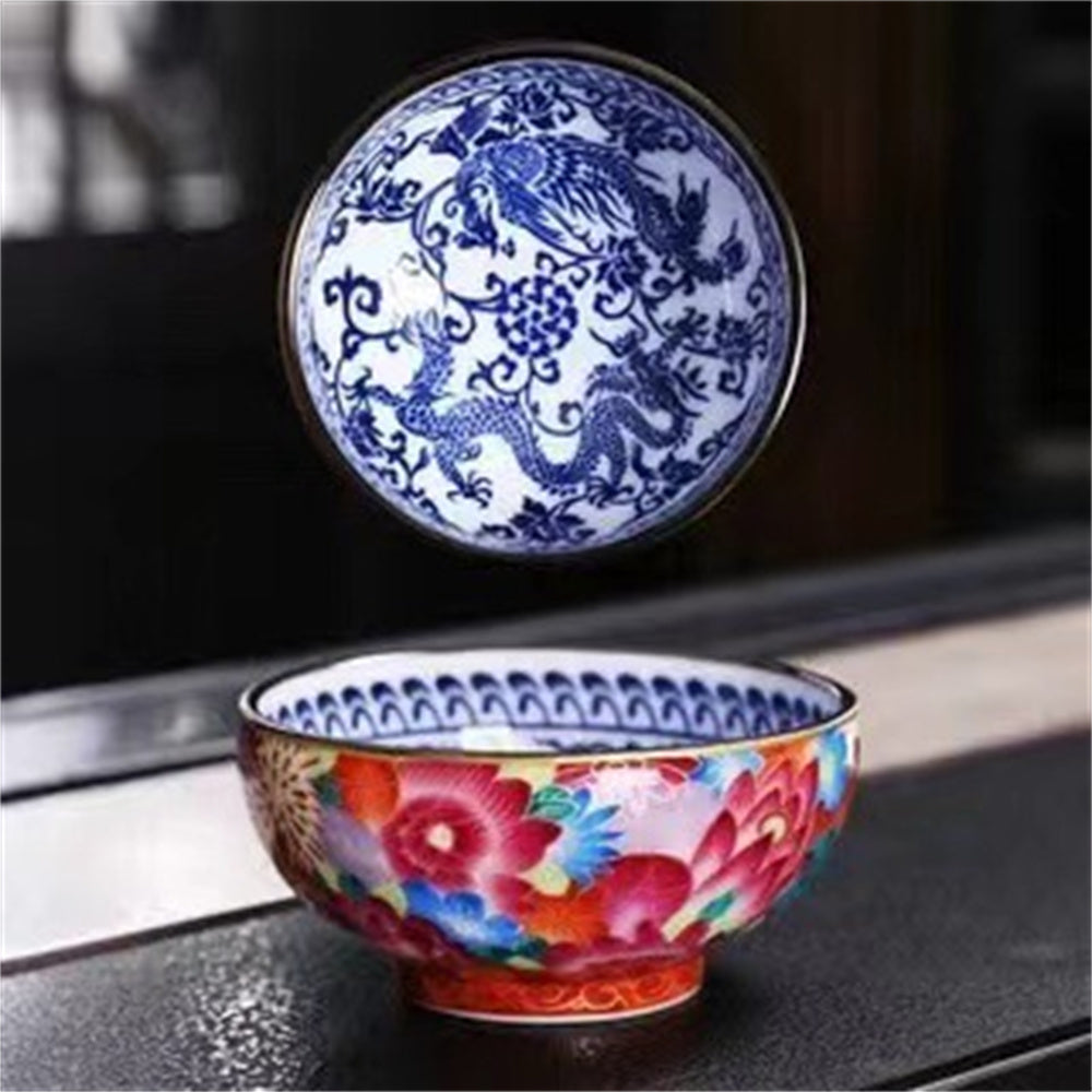 Enamel Colored Gold Silk Blue and White Porcelain Teacup