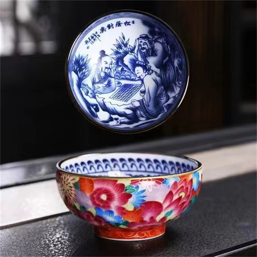 Enamel Colored Gold Silk Blue and White Porcelain Teacup