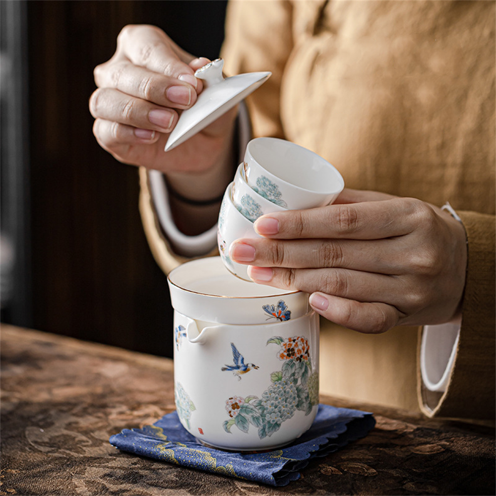 Hand Painted Hydrangea Travel Tea Set