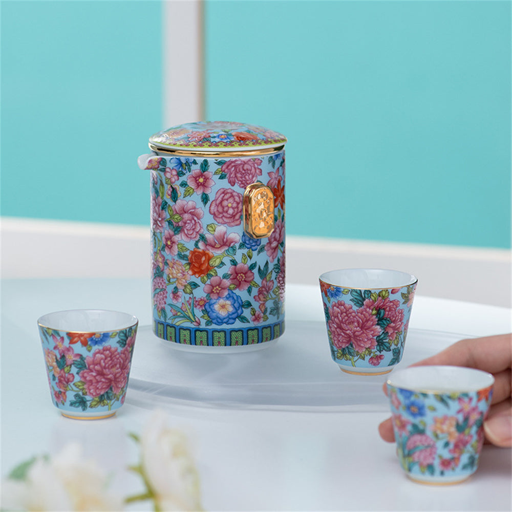 Hundred Flowers Enamel Travel Tea Set