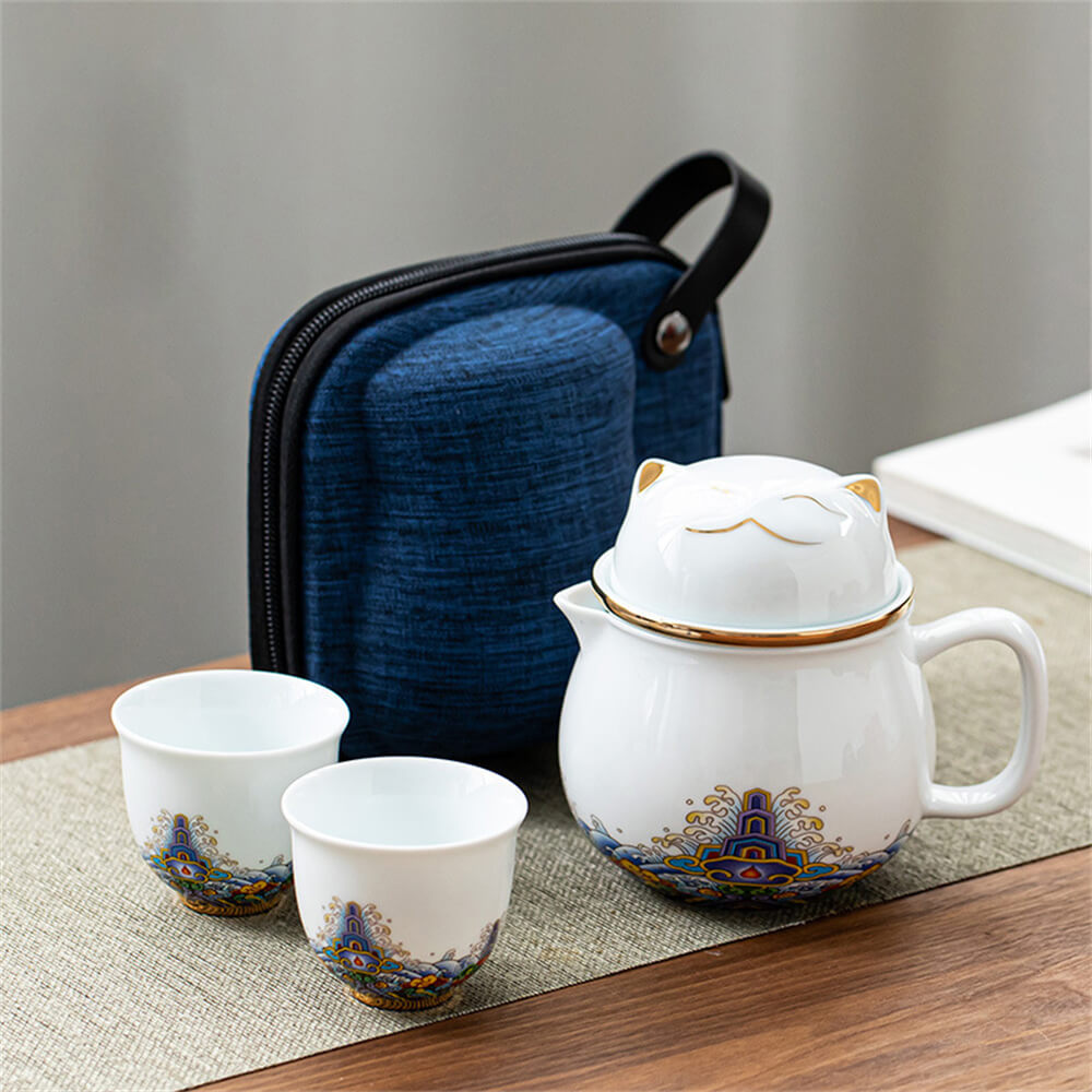 Cute Cat That Attracts Wealth Travel Tea Set