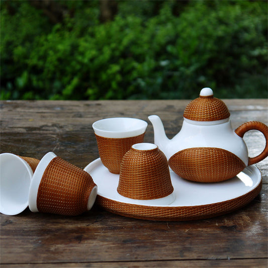 One Pot and Four Cups Tea Tray Set with Bamboo Silk Buckled Porcelain