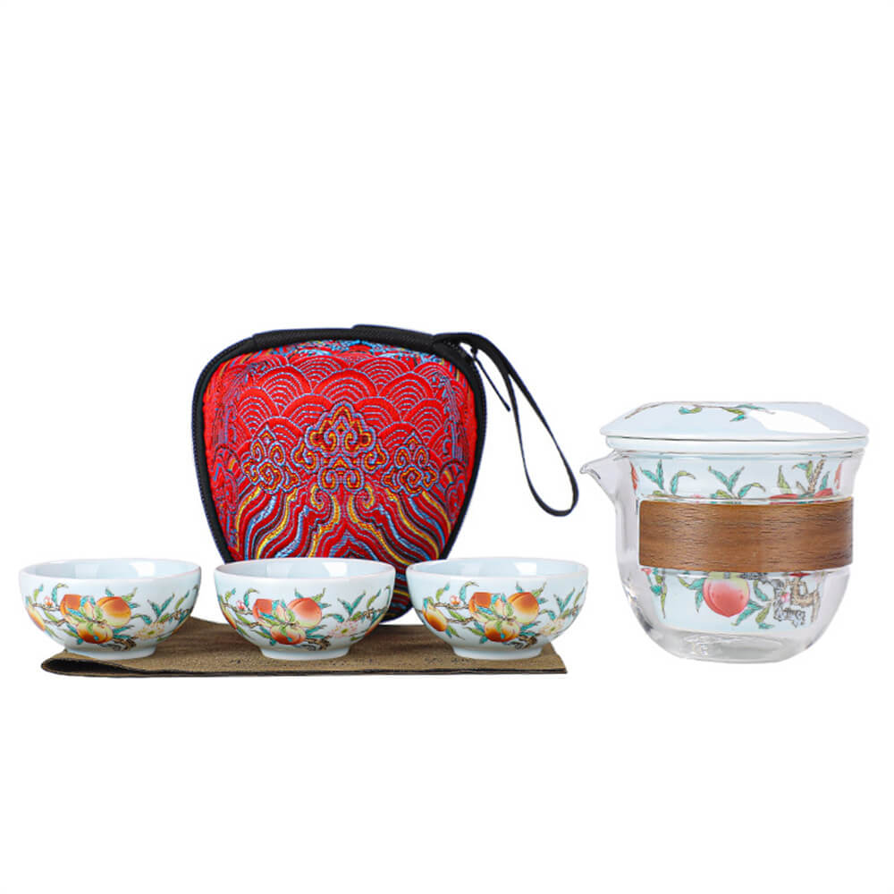 Peaches bring luck one pot three cups travel tea set