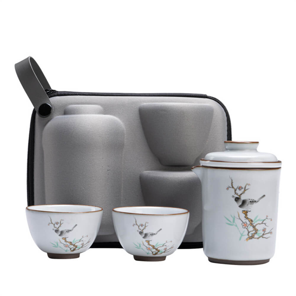 Iron Tire Crescent White Ru Kiln One Pot Two Cups Travel Tea Set
