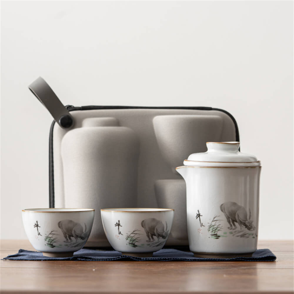 Iron Tire Crescent White Ru Kiln One Pot Two Cups Travel Tea Set
