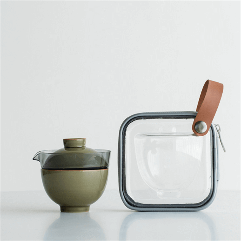 Portable Celadon Plum Glass Cover Bowl One Pot One Cup Travel Tea Set