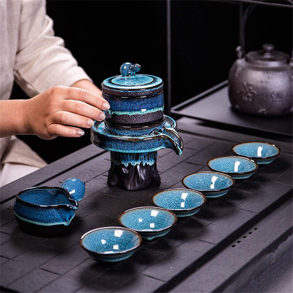 Kiln-turned Beacon Tower Blue Gourd Tea Set