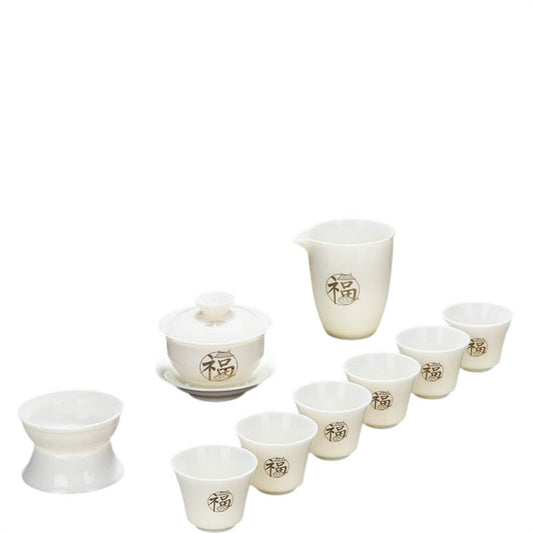 Fu Character Goatee Jade White Porcelain Kung Fu Tea Set